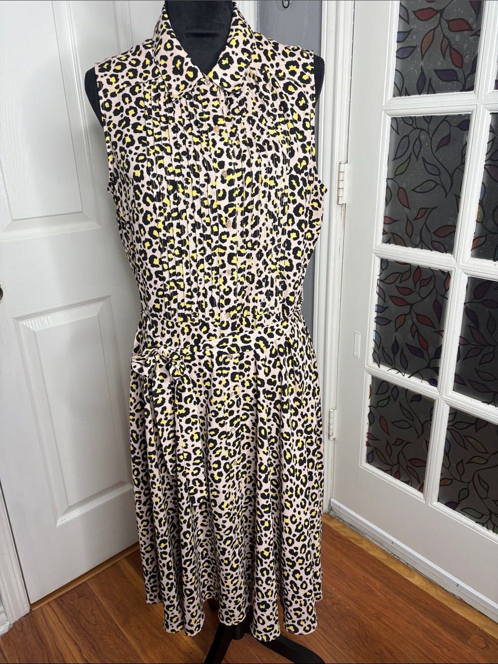 Sleeveless Pink Leopard Print Day Dress with Waist Tie